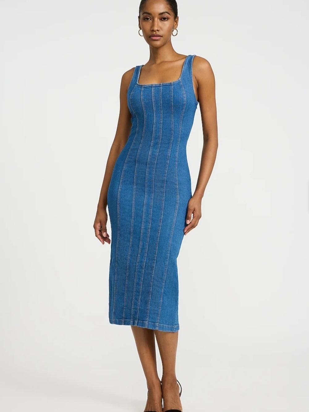 Express Stretch Denim Scoop Neck Seamed Midi Dress